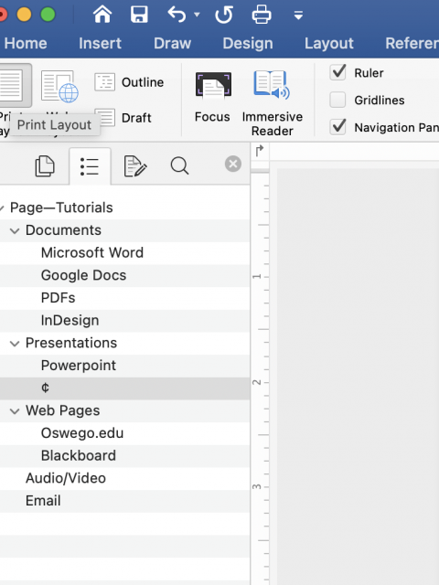 View of the navigation pane on a Mac