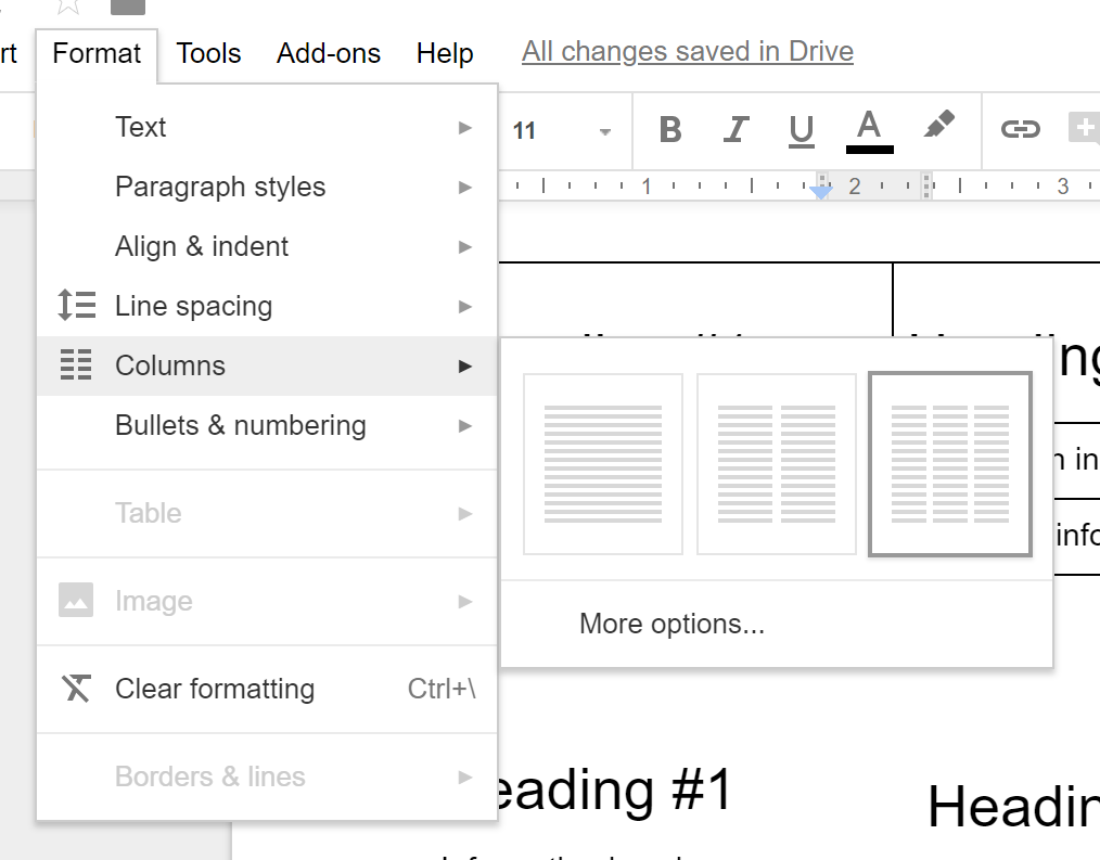 From the main navigation, go to the Format tab and choose columns