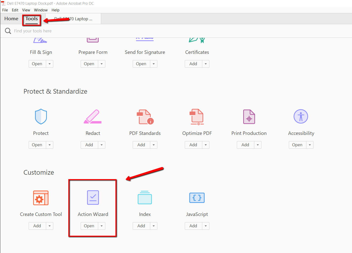 the Adobe Acrobat action wizard