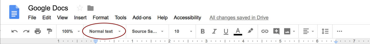 Main navigation ribbon of Google Docs with the default style Normal Text circled