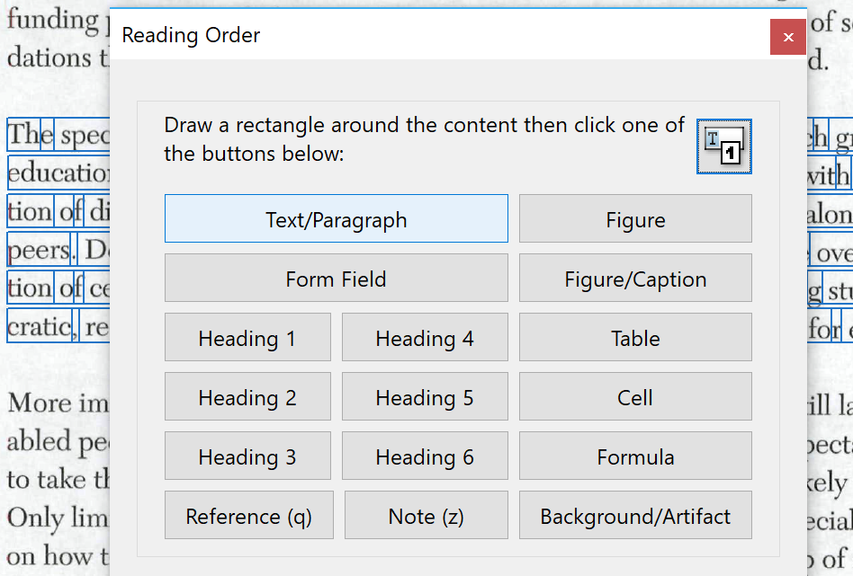 Reading order panel