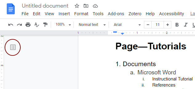 The document icon, located in the left-hand margin, to open the outline view