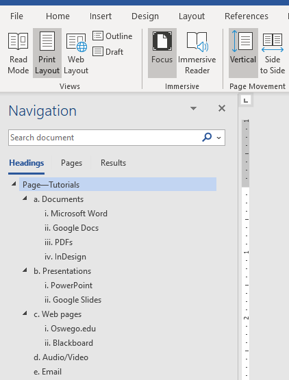 The open Navigation pane in Microsoft Word, showing the document's content in an outline format