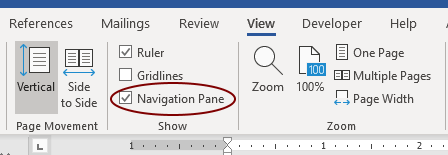 Checkbox for the navigation pane, found under the View tab