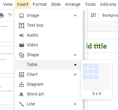 adding a table in Google slides