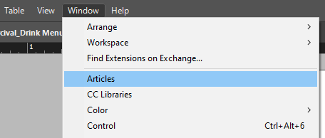 To open the articles panel, from the main navigation select window then articles
