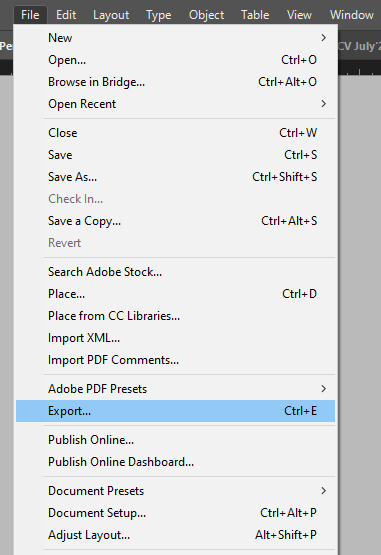 Choose File from the main menu then Export