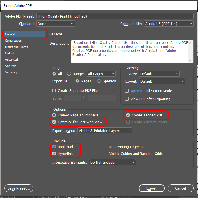 General tab of the Export feature