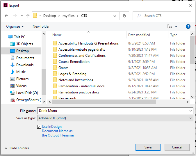 Set the save as type as Adobe PDF (print)