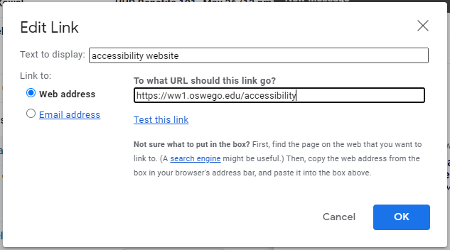 Dialog box for adding a link