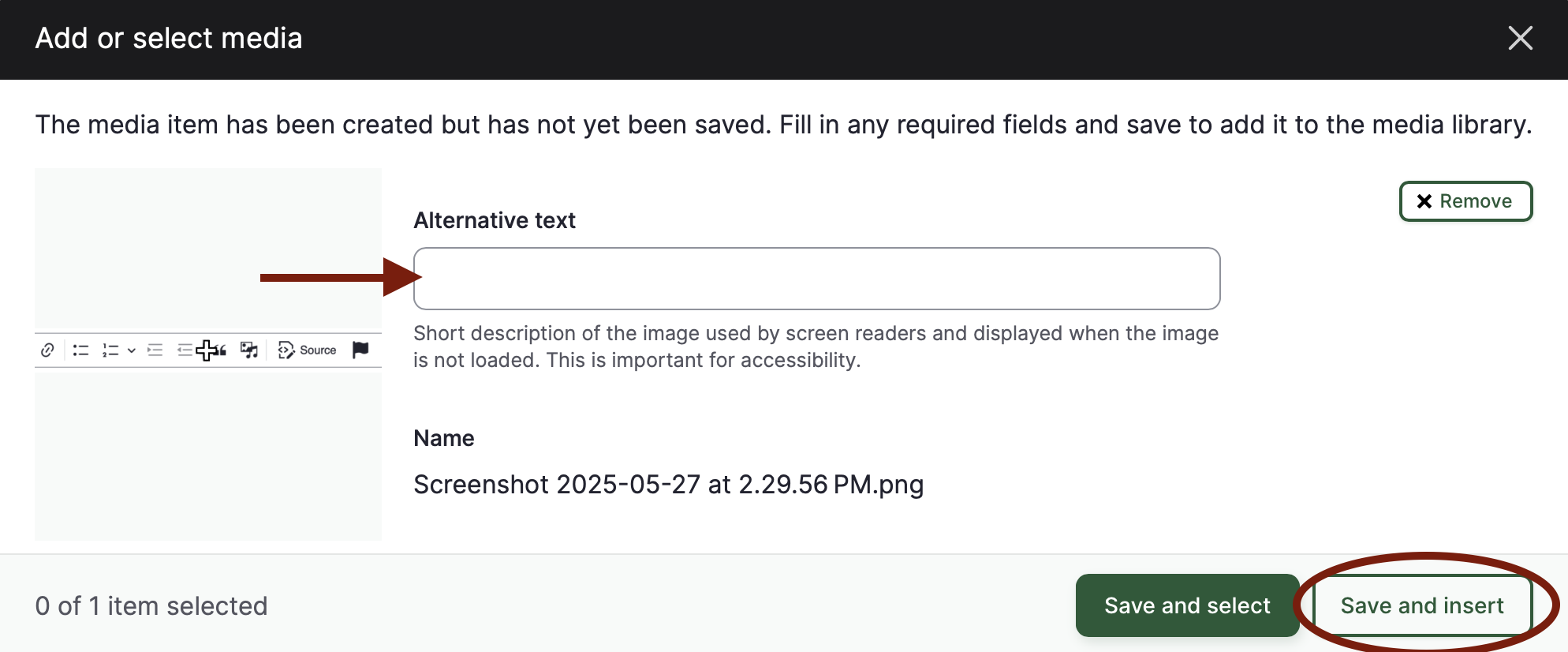 Alternative text box to add an image description and Save and Insert button