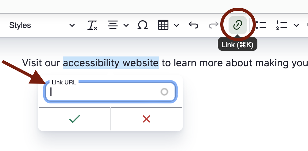 The Link icon and URL dialog box in the component editor in Drupal