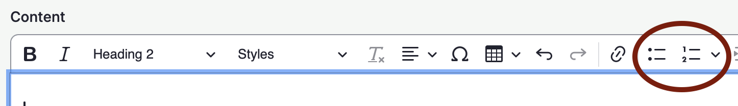 Bullets and Numbers list icons in the component editor of Drupal