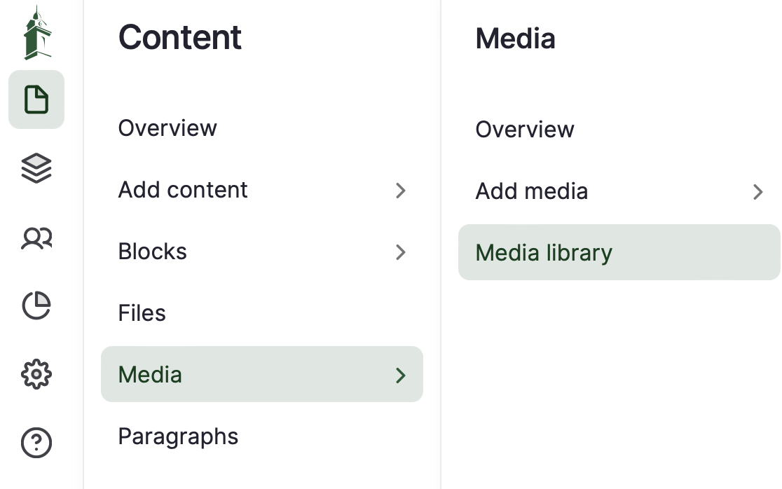 The Media Library is located within the Content Area of Drupal