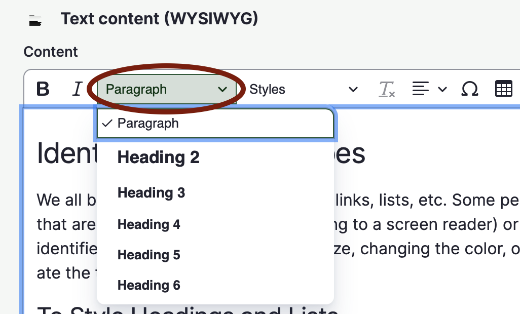 the paragraph dropdown menu, located in the component editor of Drupal