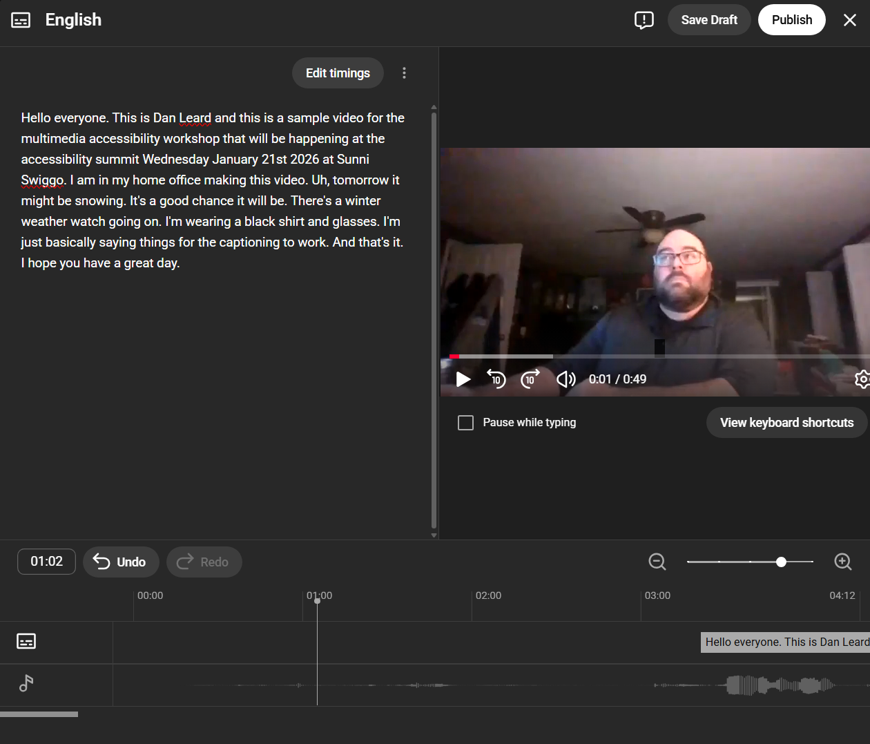 YouTube captioning editor window.