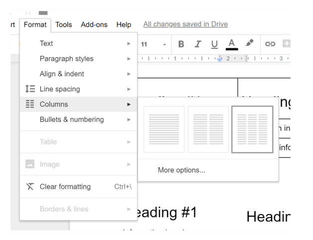 From the main navigation, go to the Format tab and choose columns
