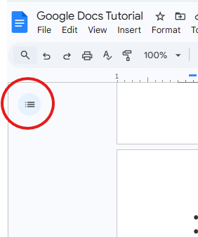 The highlighted document icon , located in the left-hand margin, to open the outline view