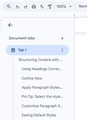 The outline view of all the tagged content in the document