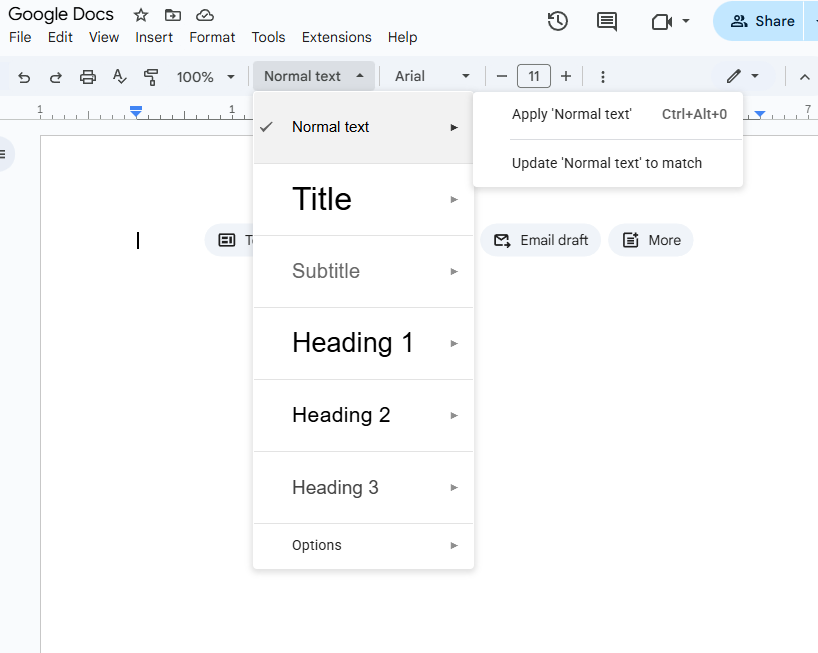 Main navigation ribbon of Google Docs with the default style Normal Text circled