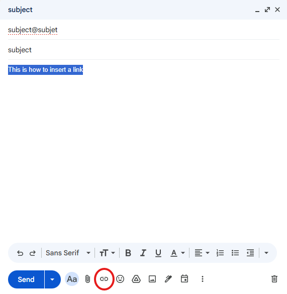 An email with the text highlighted and the link icon circled.