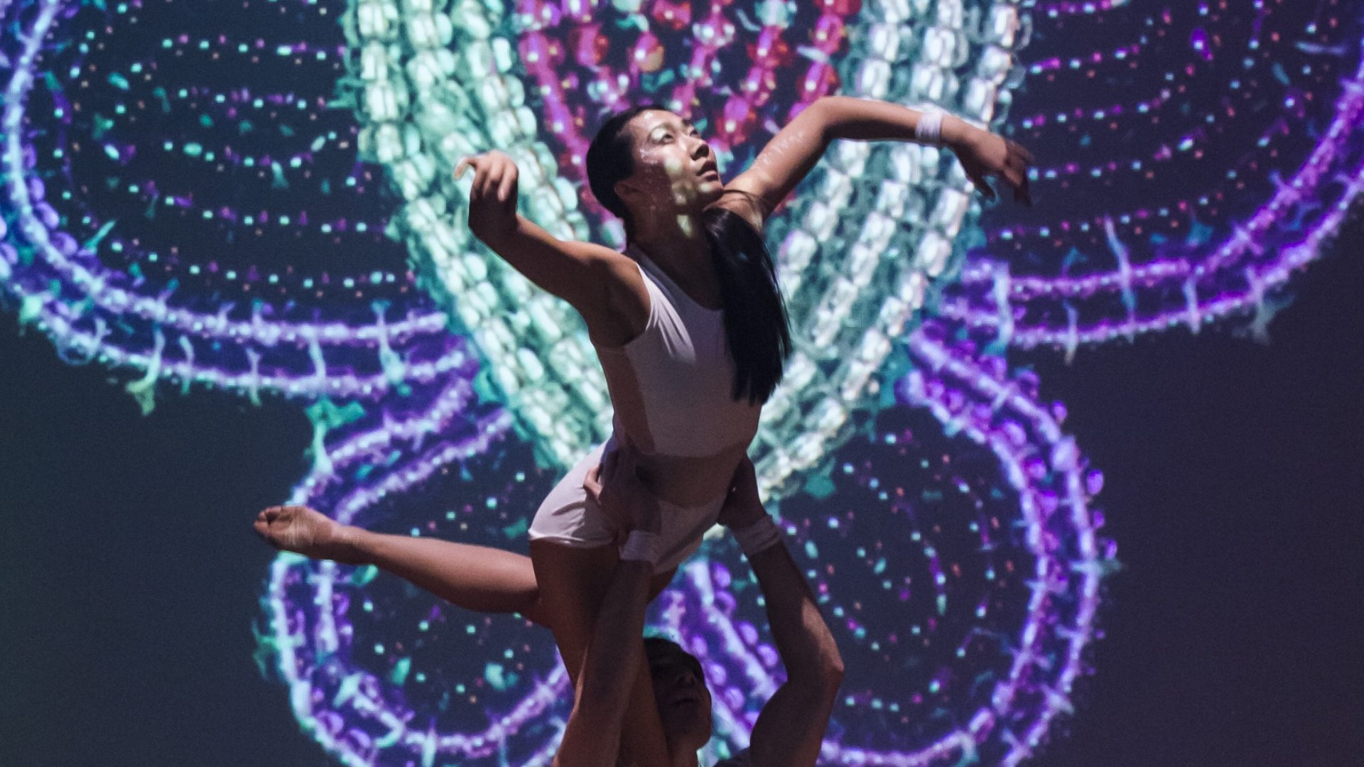 A dancer from Red Sky lifting another dancer above his head, framed by a background of digital lights in the shape of a flower.