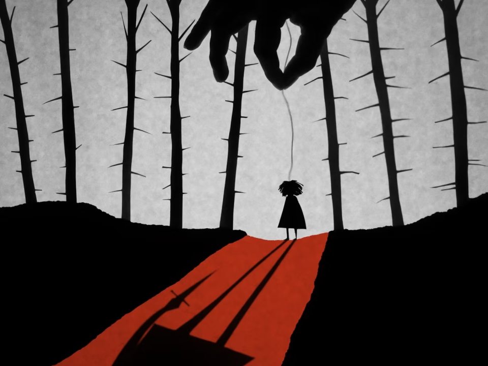 A still from The 4th Witch, depicting a young girl in a forest with a string attached to her back and a hand controlling that string. Her shadow stretches out in front of her, framed in bright red.