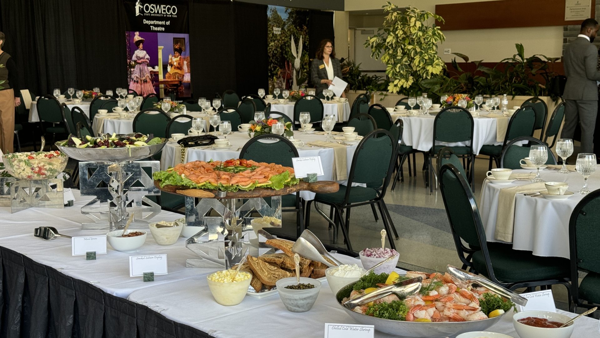 Food served on a tables and tables in the background. 