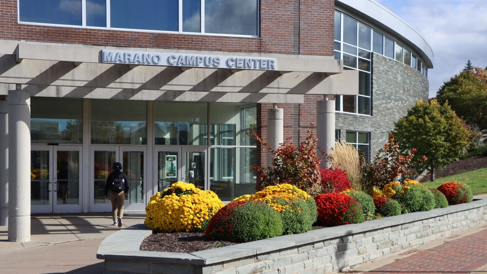 Exterior of Marano Campus Center atrium entrance