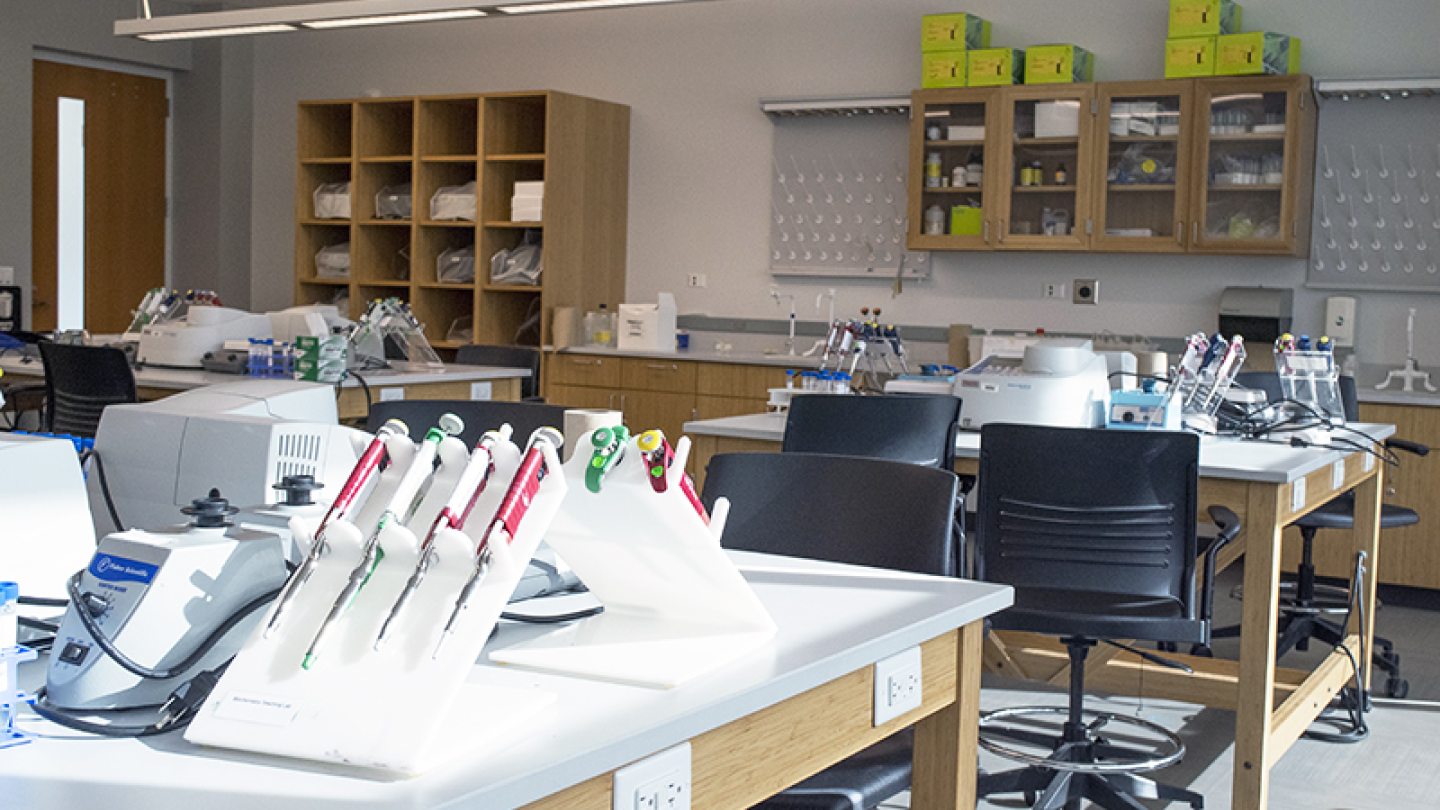 A biochemistry lab setup with pipettes and analytical instruments.