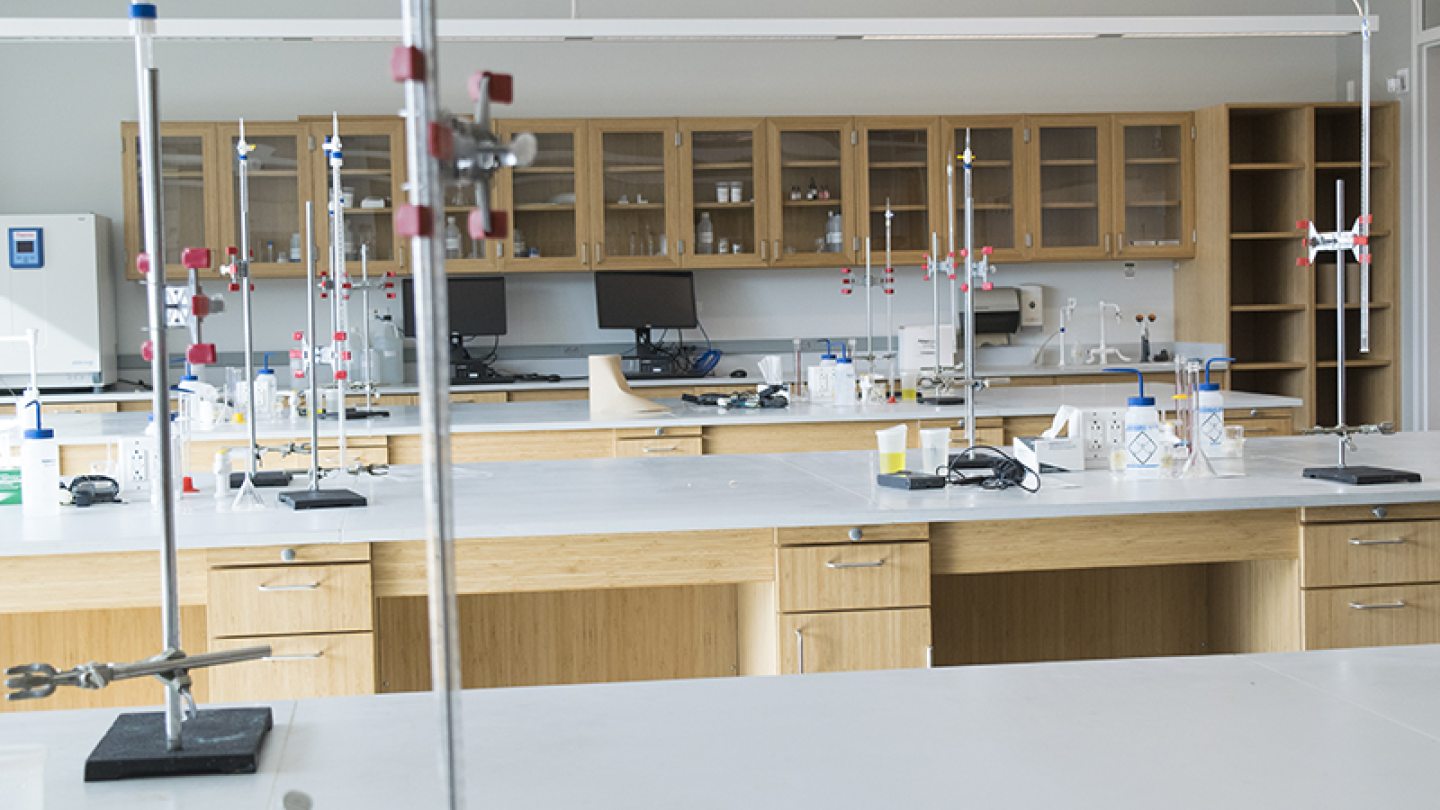 An empty organic chemistry teaching laboratory with glassware and equipment.