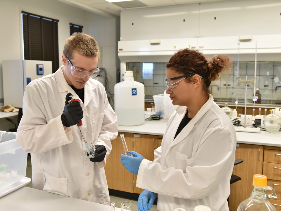 Two people in lab coats working with test tubes