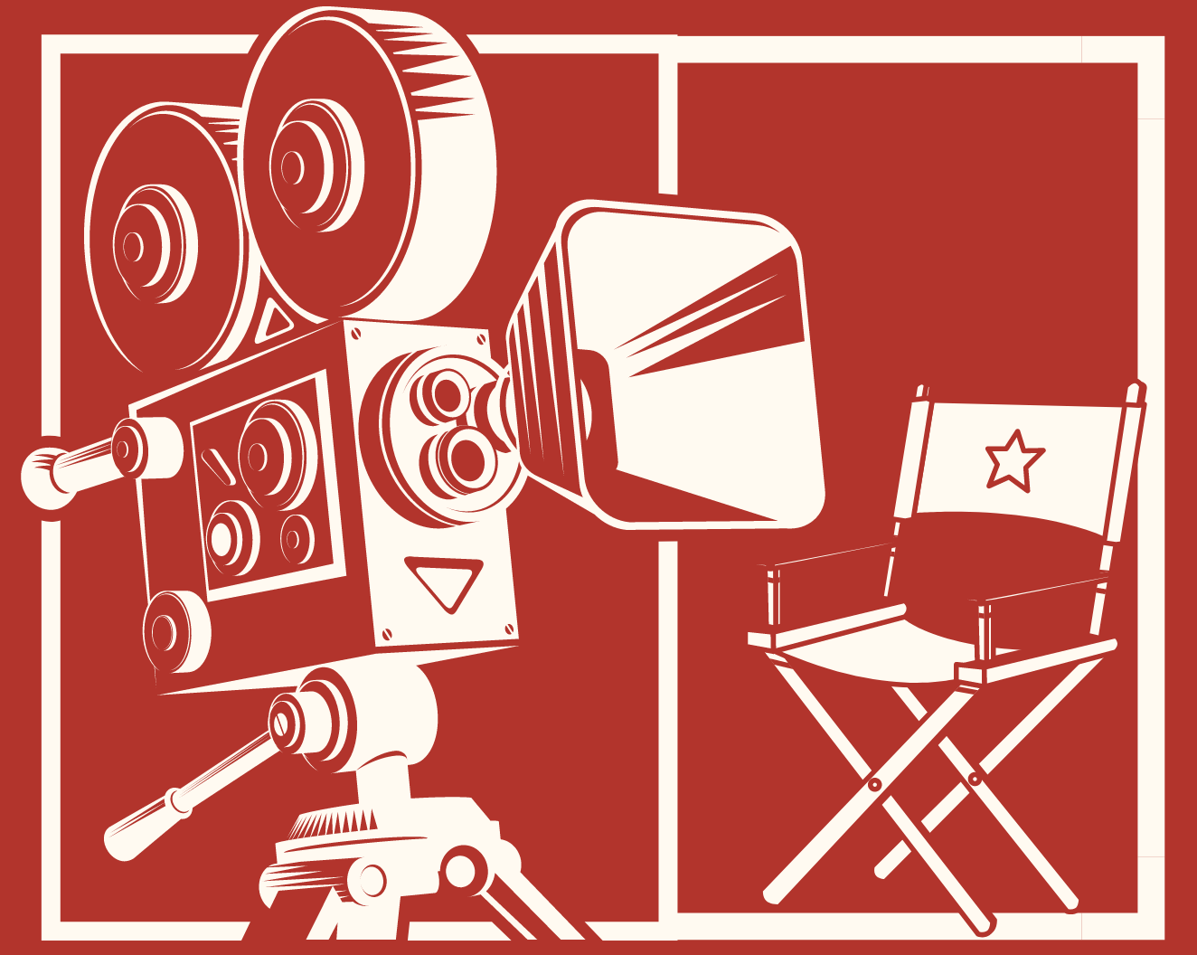 a movie production camera and a director's chair