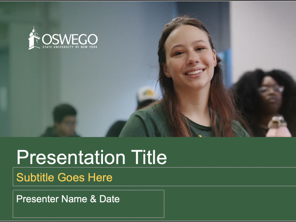 cover of a Powerpoint template with the Oswego branded colors and a woman smiling