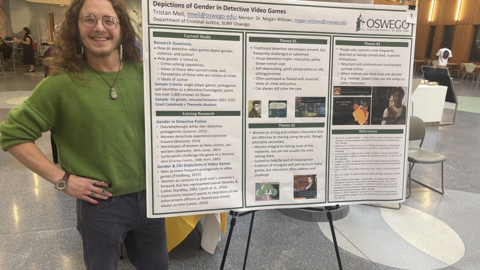 Tristan Meli stands beside a research poster titled “Depictions of Gender in Detective Video Games” at the Fall Scholarly & Creative Activity Poster Symposium. The poster examines gender, crime, violence and justice in detective video games.