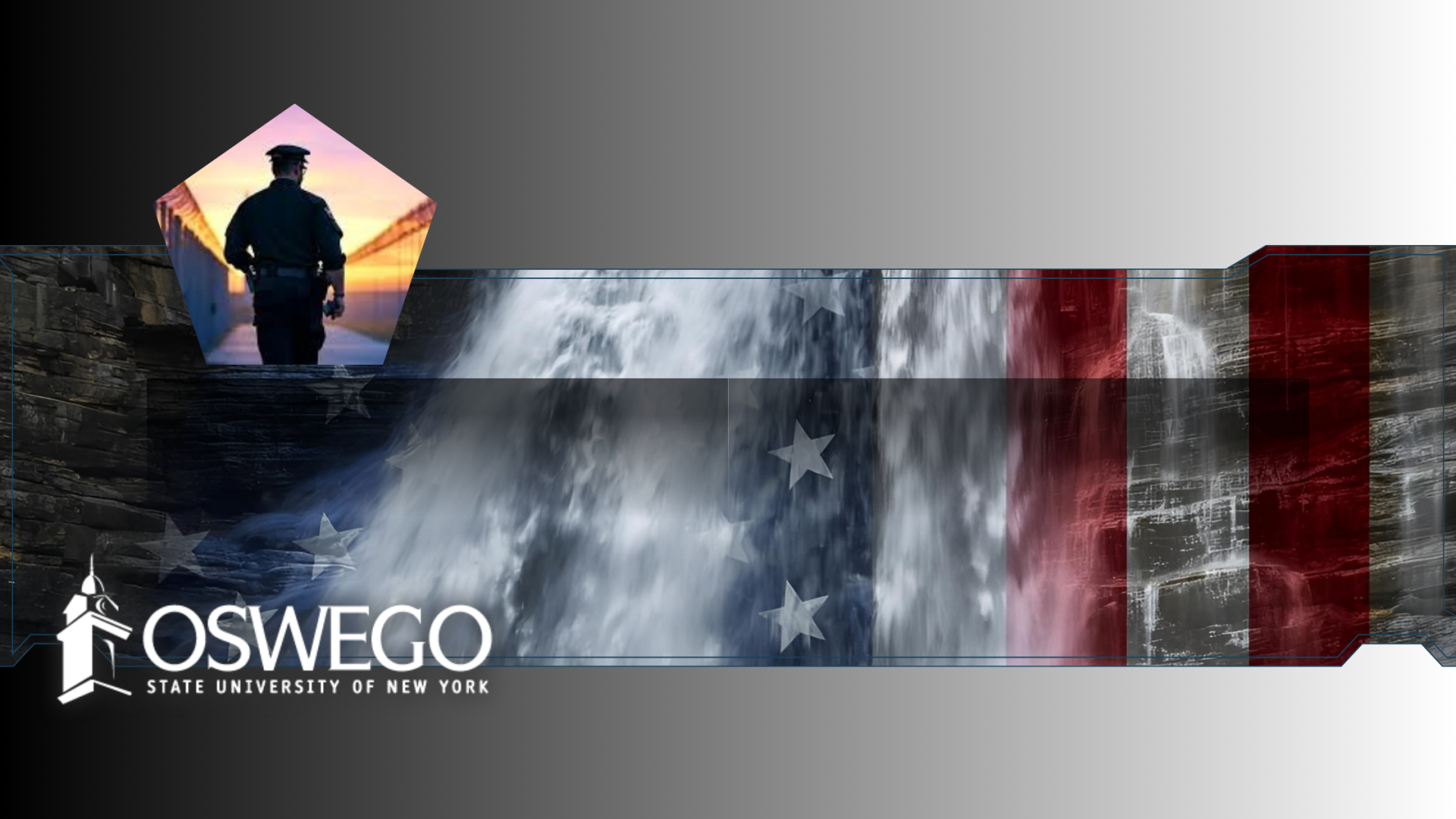Banner for Oswego State University featuring a layered American flag design over a waterfall background, with a silhouetted correction officer walking at sunset and the Oswego State University logo displayed.