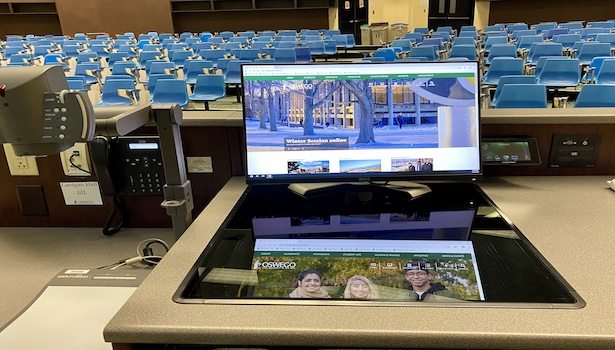 Photo showing the dual monitor system and the document camera.