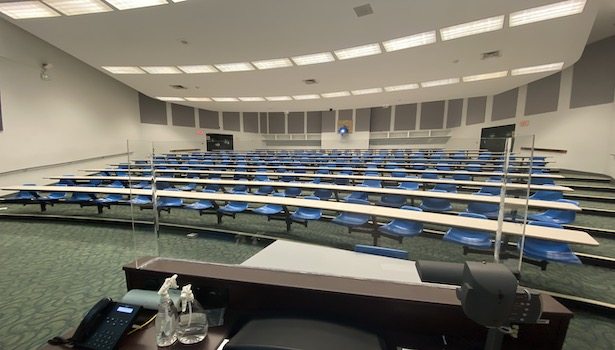 Photo shows the classroom from the podium perspective.