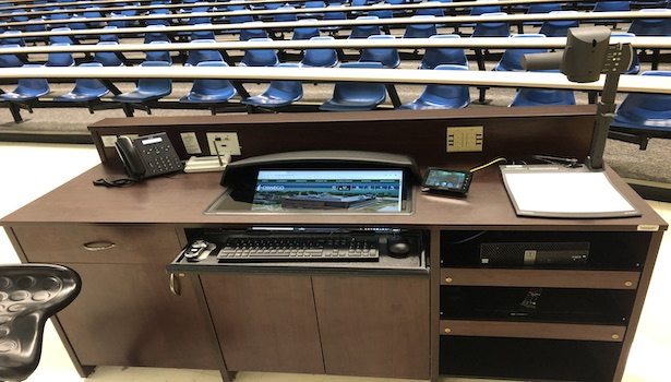 Photo of the podium in the classroom including the podium PC/Touch Panel & Doc cam