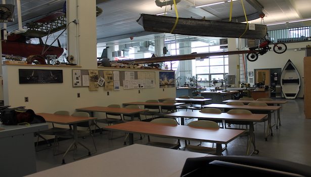 Classroom from podium perspective with the student tables