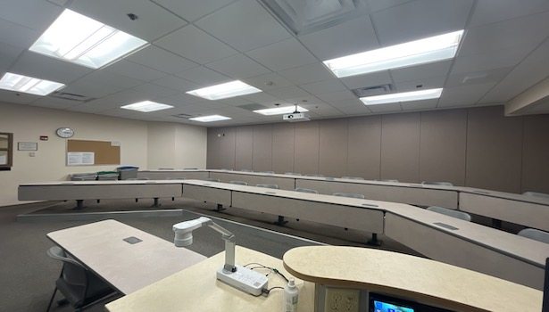 photo of the cllassroom from the podium perspective.