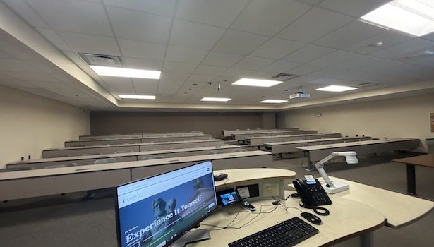 photo from the front of the classroom including chairs.