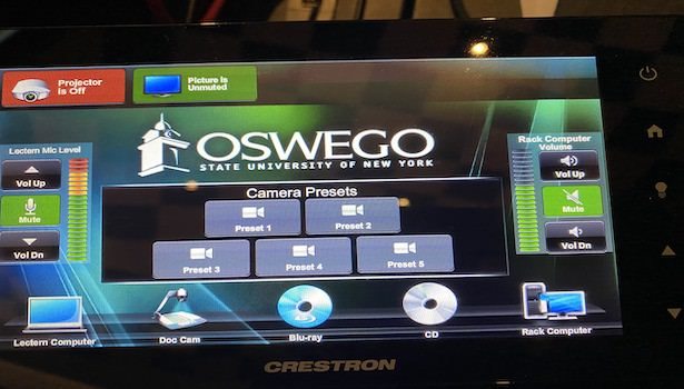 Photo of the first touch panel in the room on the podium cart. Showing all of the different input selections.