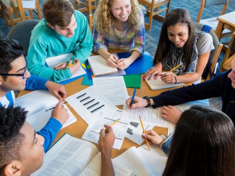 Group of students sitting at a rounded table studying
