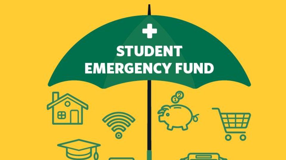 A green umbrella on a yellow background, with white bold text Student Emergency Fund. Below the umbrella are icons representative of things that are supported, such as rent, transportation, medical expenses, food, and internet.