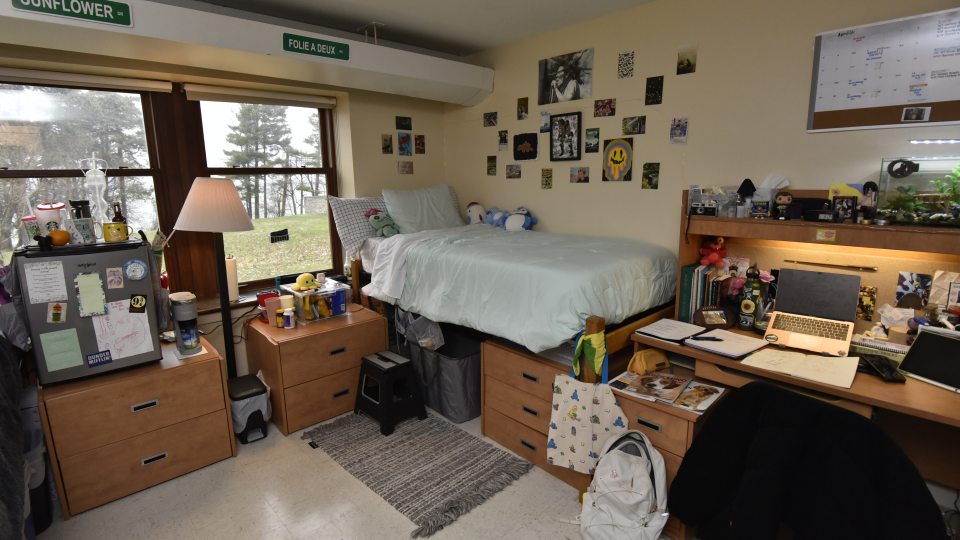 Image of a dorm room with various wall decor that includes posters. The room includes a desk with a computer and off to the left is a dorm room fridge. The room is dimly lit with a lamp.