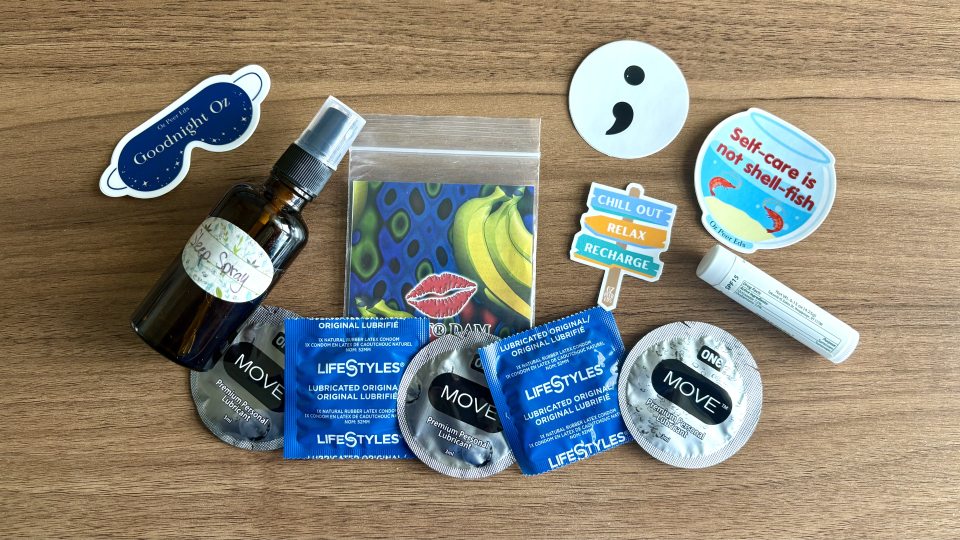 condoms, stickers, sleep spray, and ChapStick 