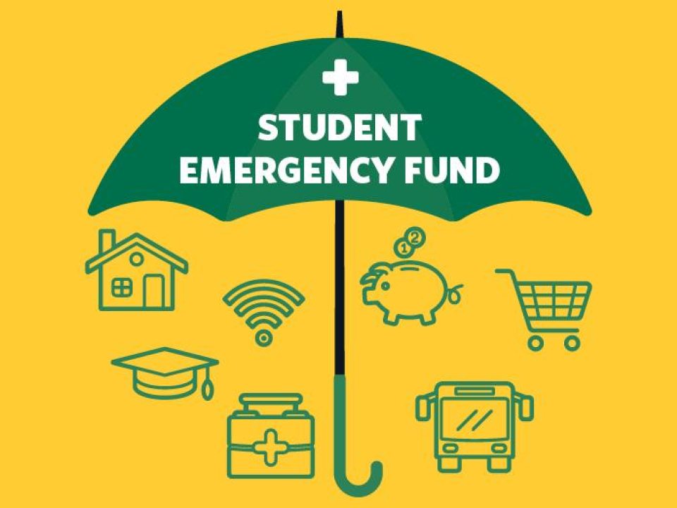 A green umbrella on a yellow background, with white bold text Student Emergency Fund. Below the umbrella are icons representative of things that are supported, such as rent, transportation, medical expenses, food, and internet.
