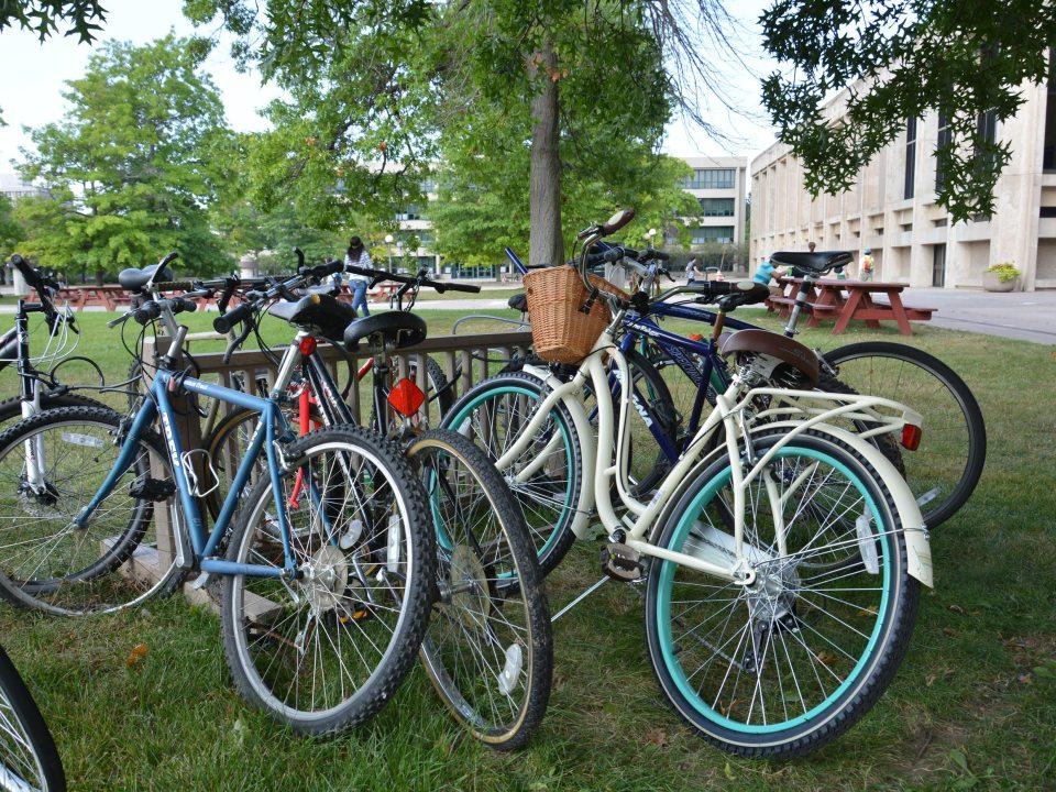 Bikes parked outside Penfield Library