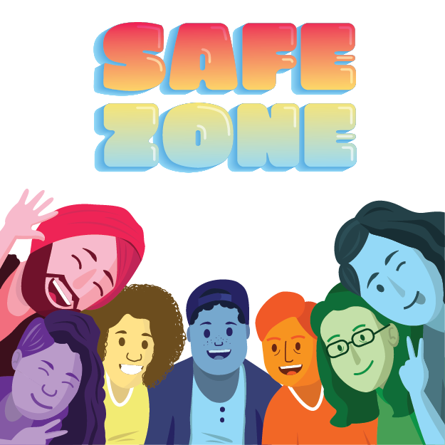 The words Safe Zone above an illustration of college students who are different colors of the rainbow